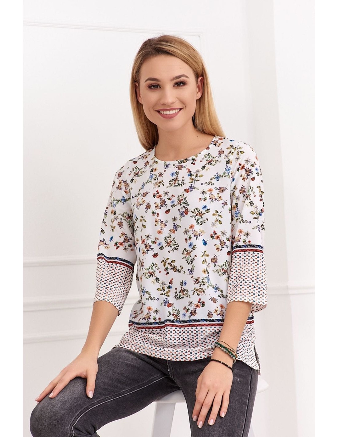 Cream women\'s blouse with a floral pattern 0446 - Online store - Boutique